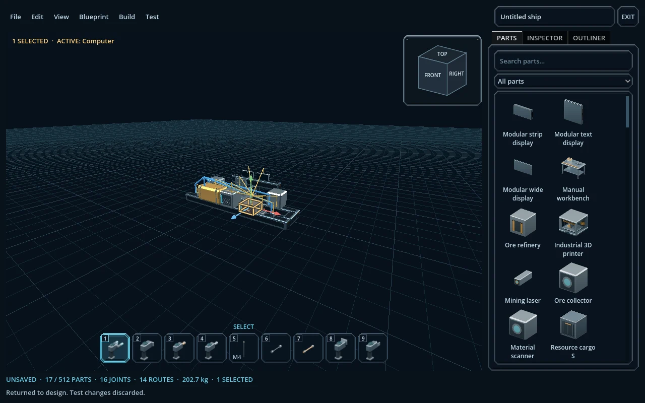 Starframe Ship Designer workspace with a spacecraft and part library